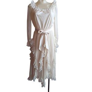 sz 11 Vintage 70s Boho Festival Wedding Dress Lace Trimmed Ruffled Neckline